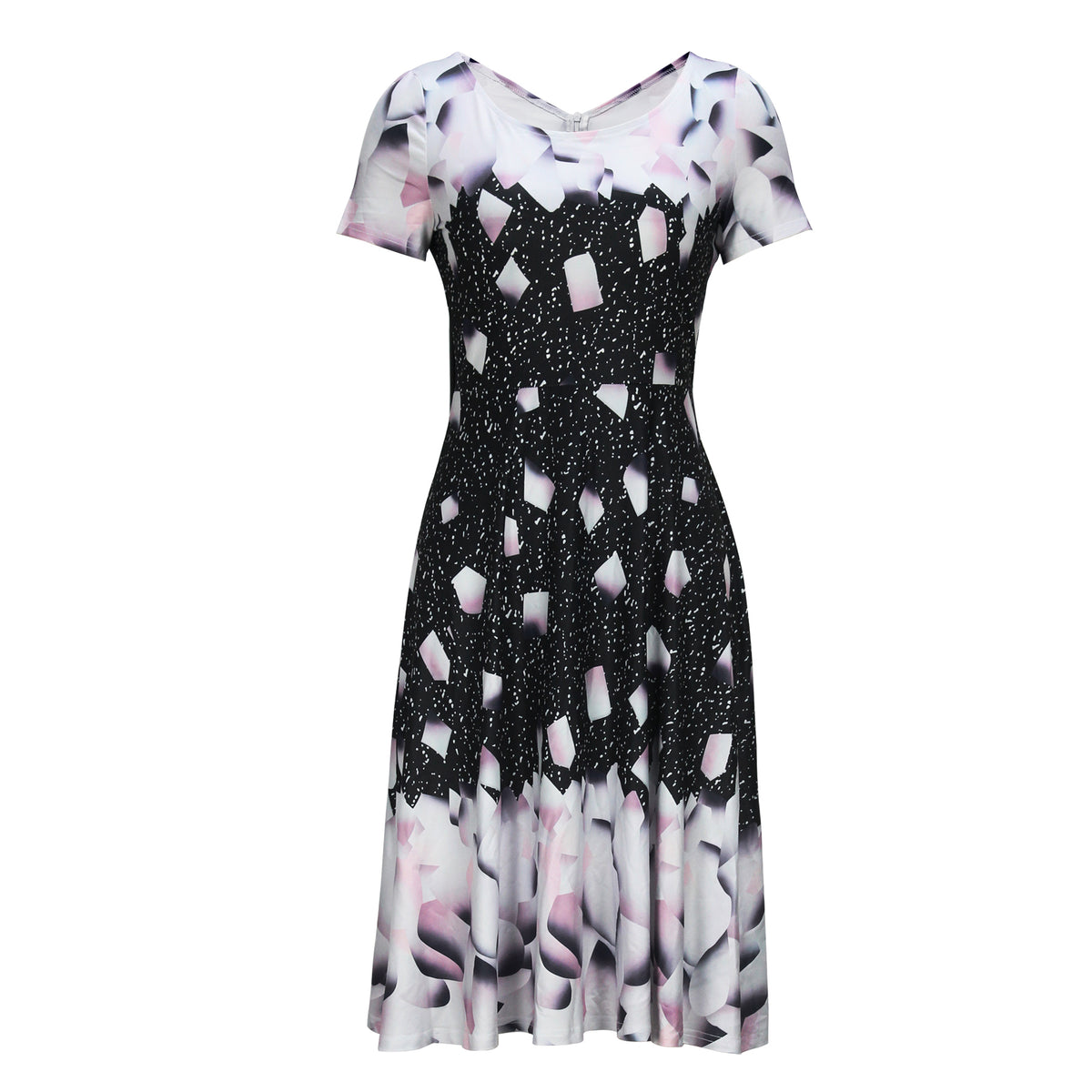 Abstract Print Round Neck Short Sleeve A-Line Swing Midi Dress 2
