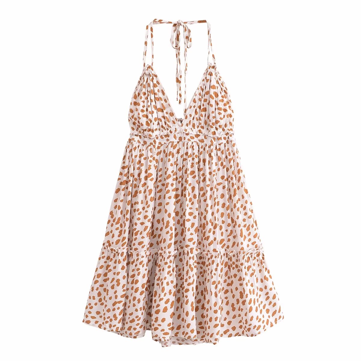 Animal Print Halter Neck Deep V-Neck Tiered Backless Mini Dress