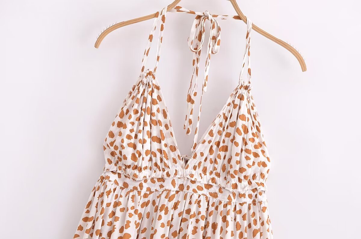 Animal Print Halter Neck Deep V-Neck Tiered Backless Mini Dress 2
