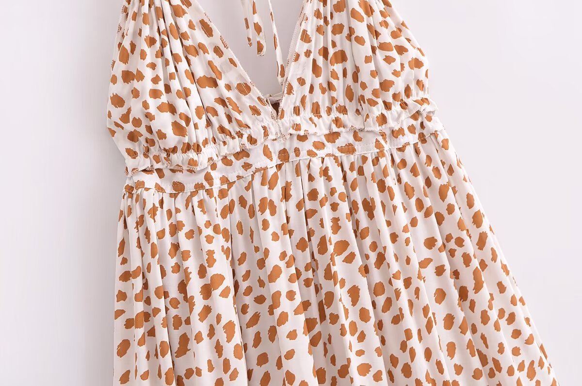 Animal Print Halter Neck Deep V-Neck Tiered Backless Mini Dress 4