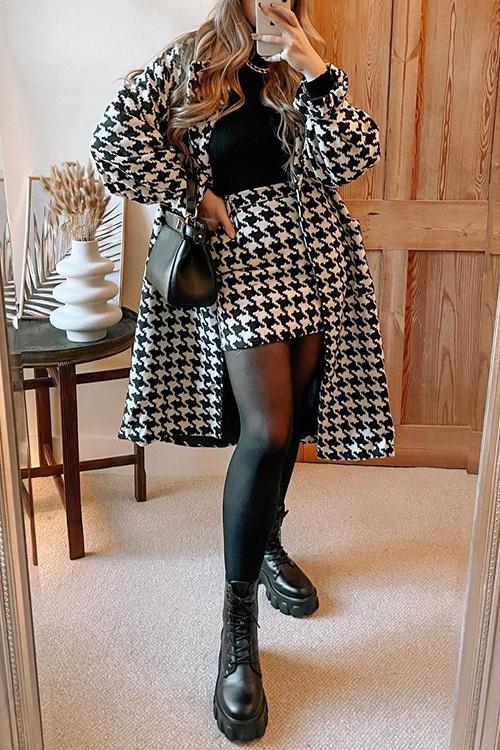 Houndstooth Lapel Woolen Coat