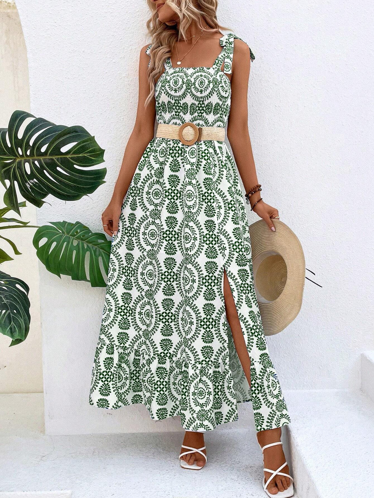 Geometric Print Square Neck Tie Strap Belted Split Maxi Dress