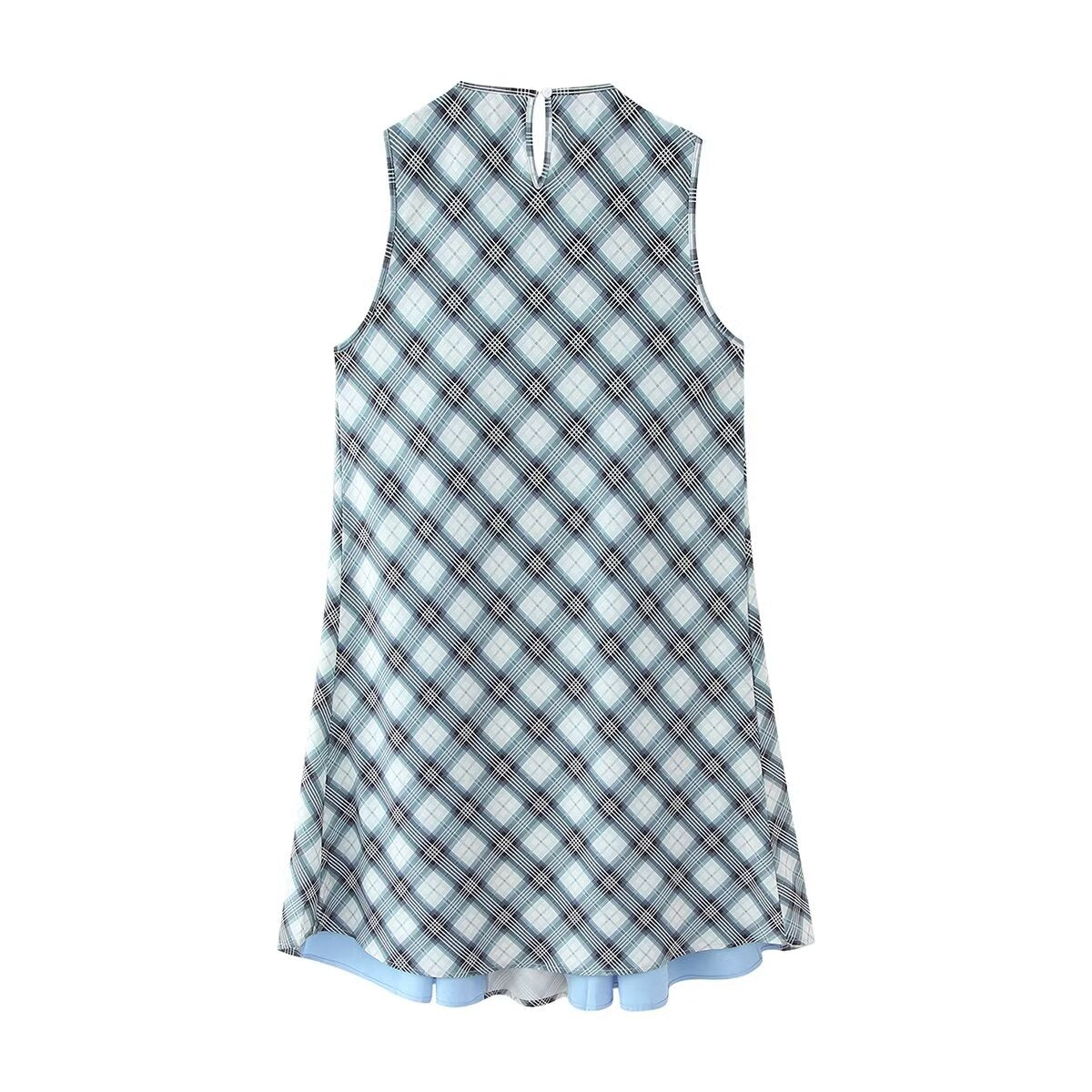Plaid Crew Neck Sleeveless Bow Detail Contrast Pleat Mini Dress 2