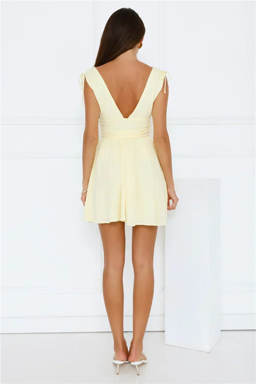 Deep V-Neck Tie Shoulder Ruched Waist Skater Mini Dress 8