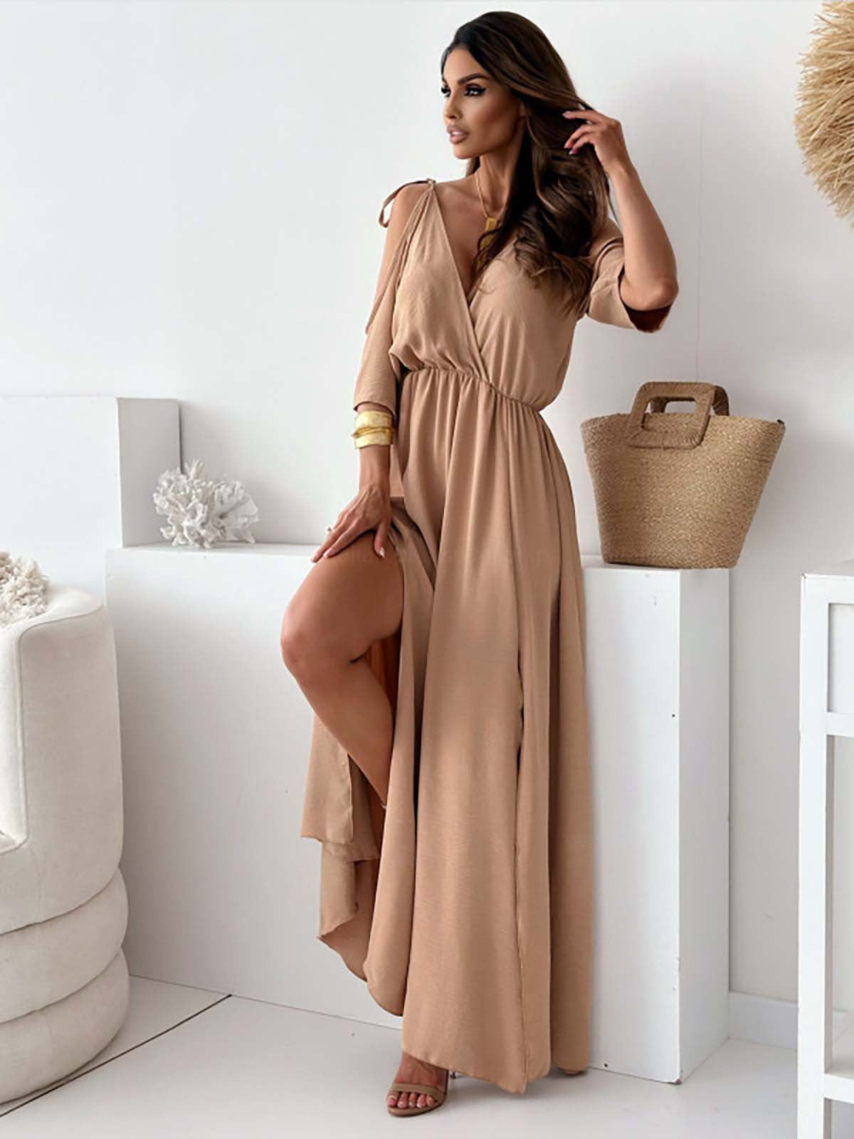 Patricia Minimalist Dress with V Neck and Side Slit Statement Occasion Edit