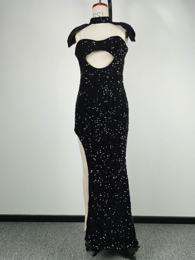 Sequin Strapless Choker Cut Out High Split Mermaid Gown