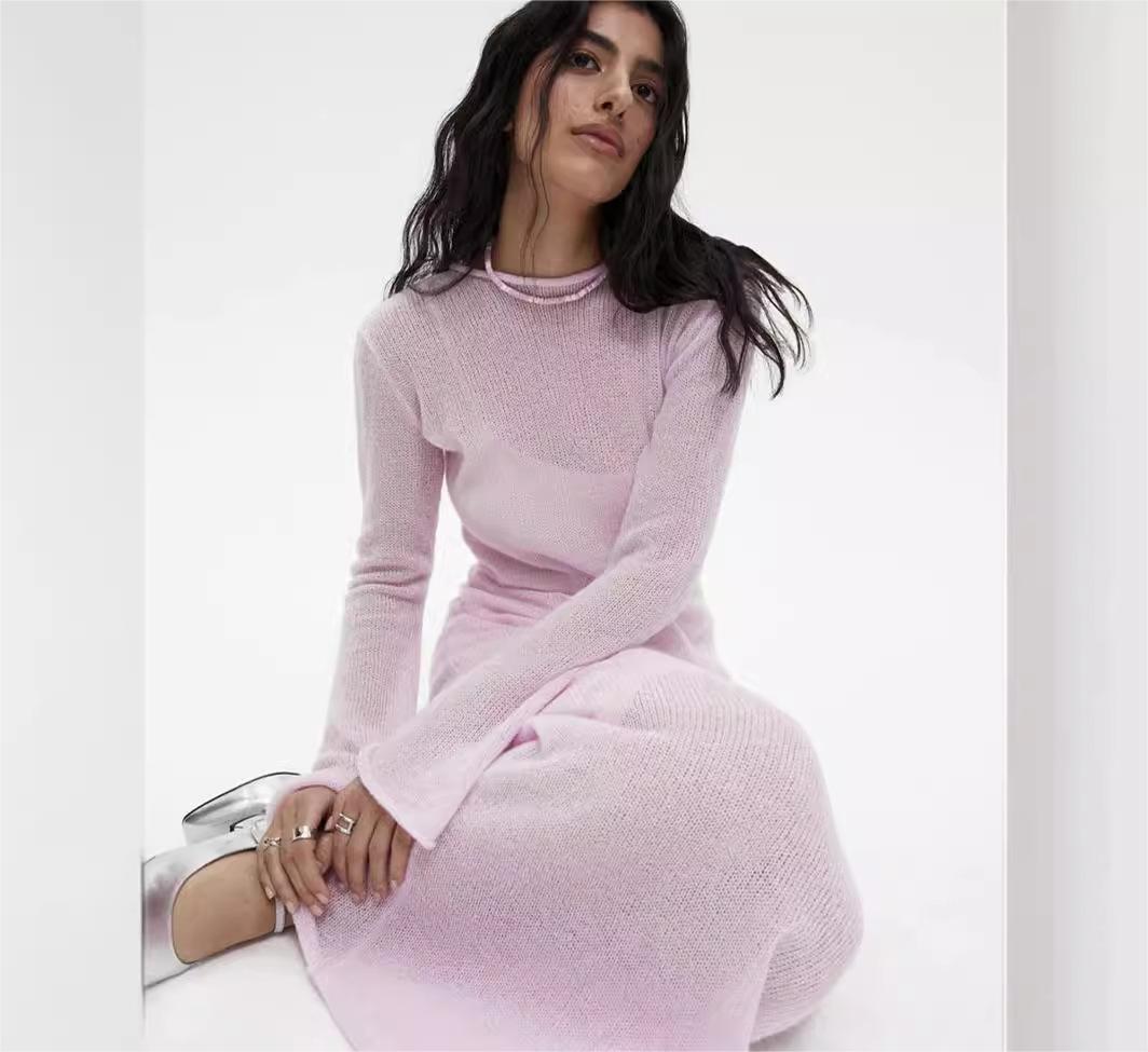 Sheer Knit Long Sleeve Boat Neck Maxi Dress Over Slip Two Piece Set 3