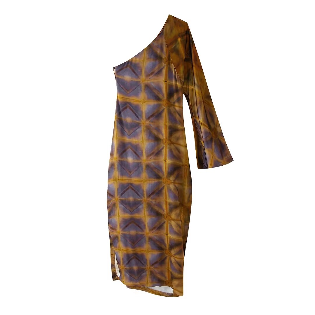Spring Printing Asymmetric Fitted Waist Pleated Dress