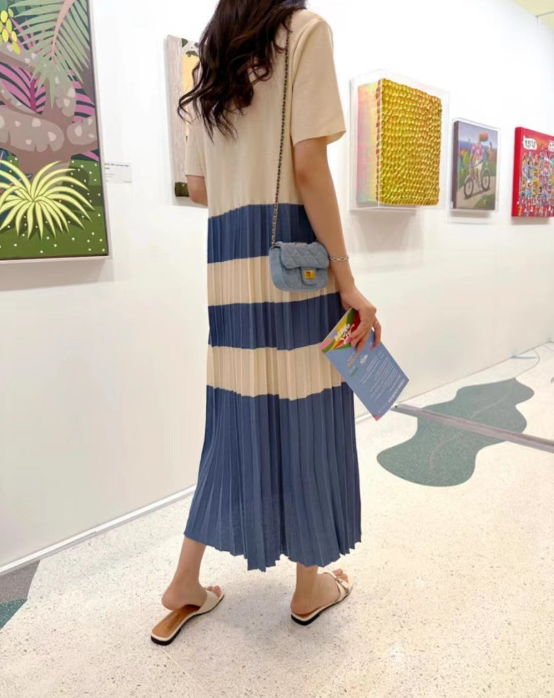 Summer Elegant Lapel Color Matching Pleated Knitted Dress Women Loose Slimming Short Sleeved Striped Long Dress