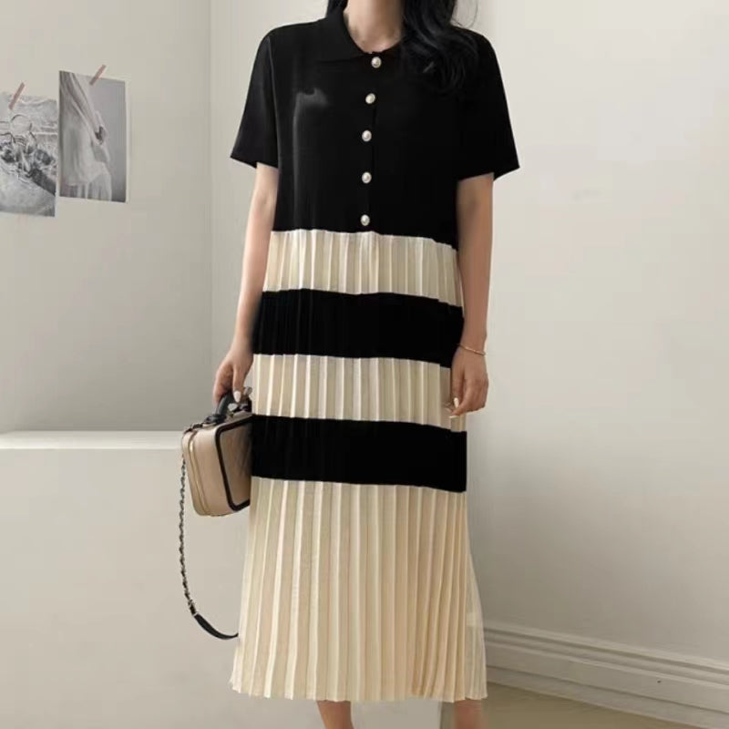 Summer Elegant Lapel Color Matching Pleated Knitted Dress Women Loose Slimming Short Sleeved Striped Long Dress