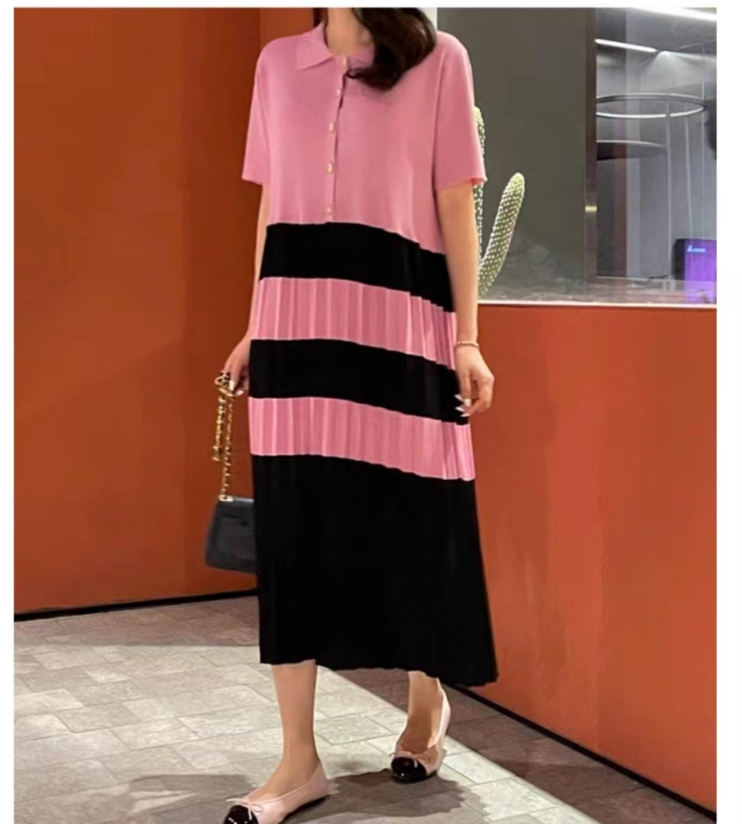 Summer Elegant Lapel Color Matching Pleated Knitted Dress Women Loose Slimming Short Sleeved Striped Long Dress