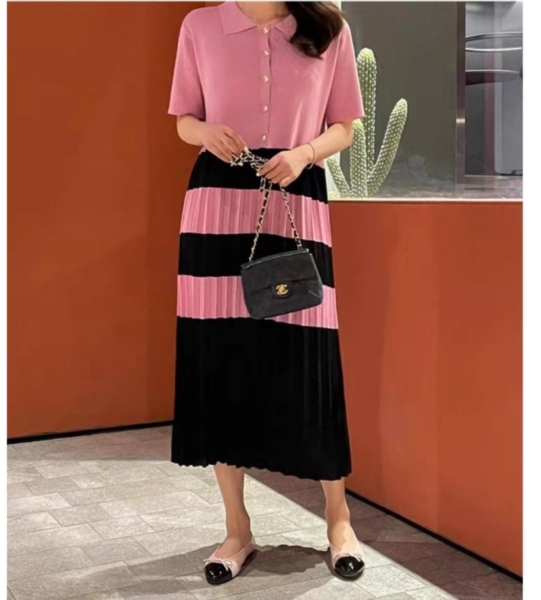 Summer Elegant Lapel Color Matching Pleated Knitted Dress Women Loose Slimming Short Sleeved Striped Long Dress