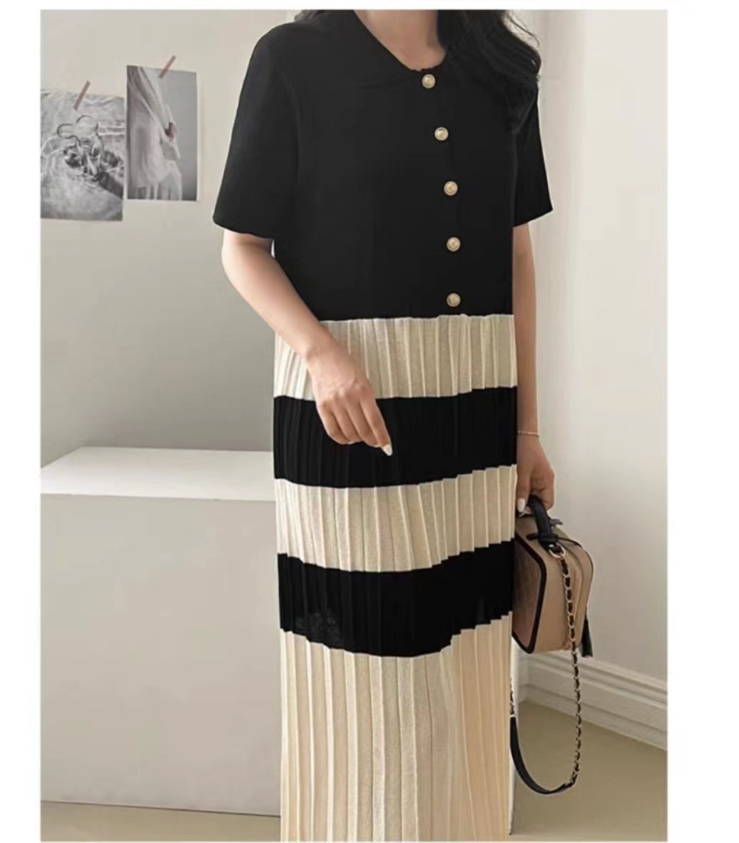 Summer Elegant Lapel Color Matching Pleated Knitted Dress Women Loose Slimming Short Sleeved Striped Long Dress