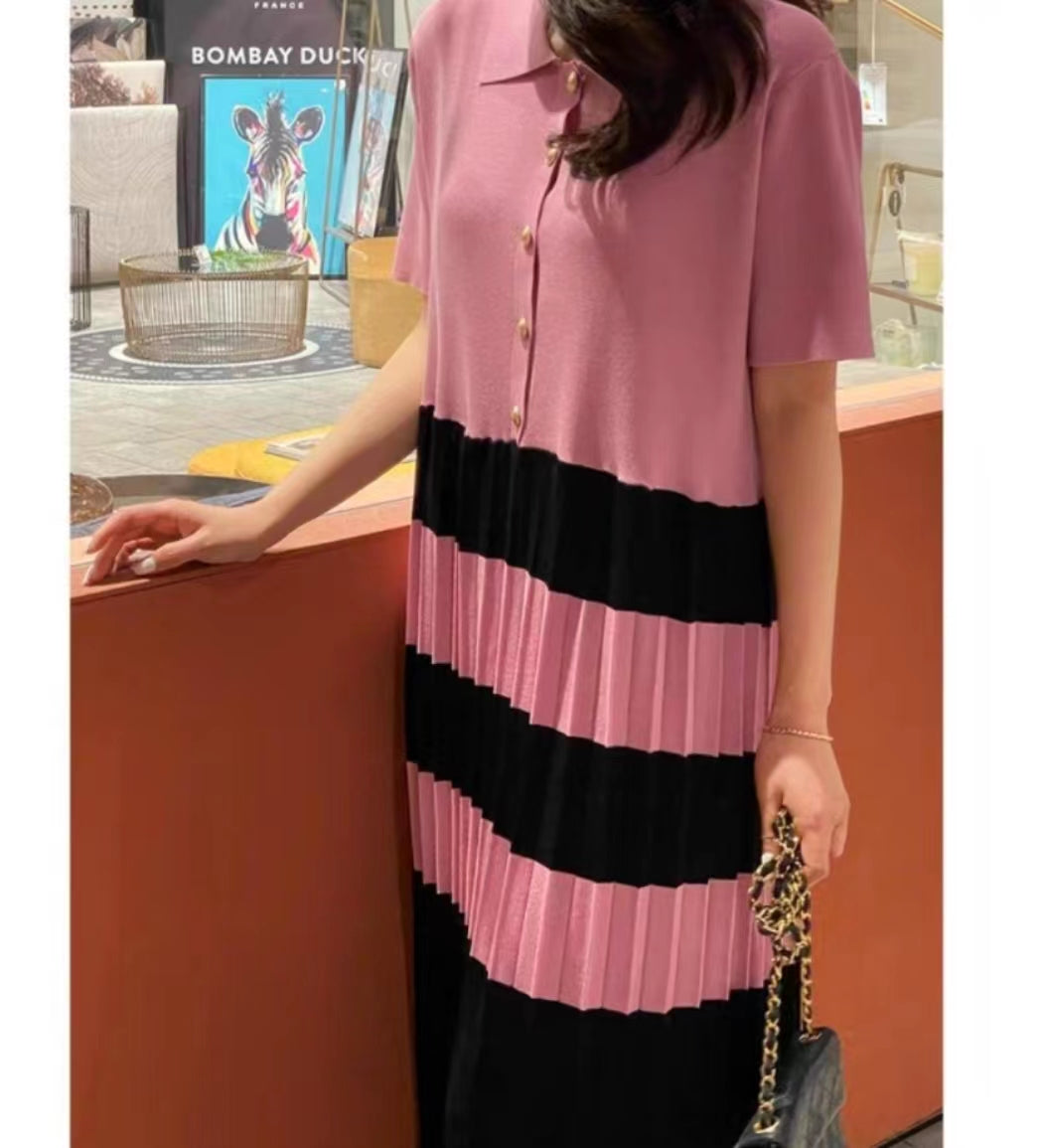 Summer Elegant Lapel Color Matching Pleated Knitted Dress Women Loose Slimming Short Sleeved Striped Long Dress