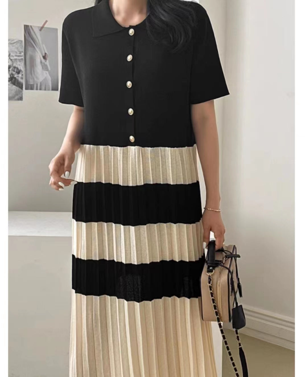 Summer Elegant Lapel Color Matching Pleated Knitted Dress Women Loose Slimming Short Sleeved Striped Long Dress