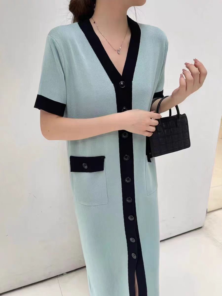 Knit Contrast Trim V-Neck Button Front Short Sleeve Pocket Midi Dress 10