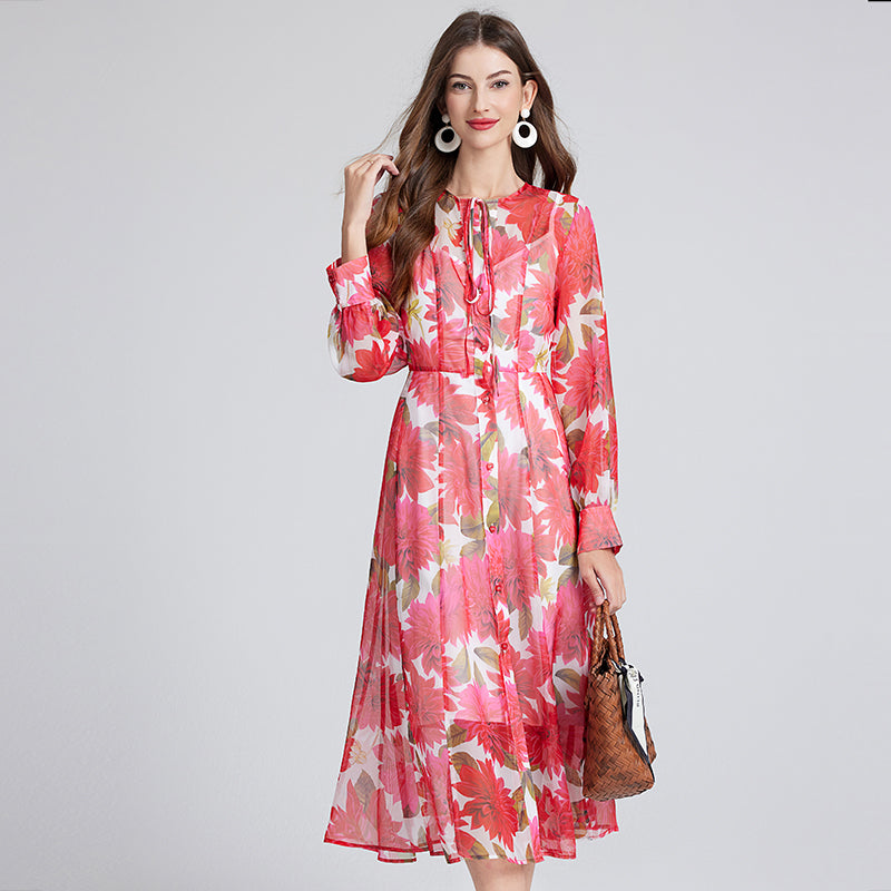 Gorgeous Red Flower Print Elegant High End Dress Sling Set