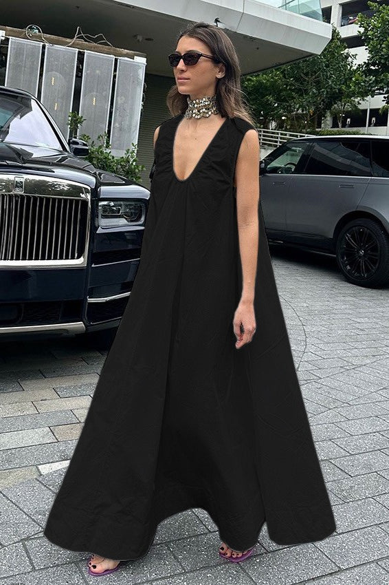 V-Neck Pleated Tank Loose Boho Dress