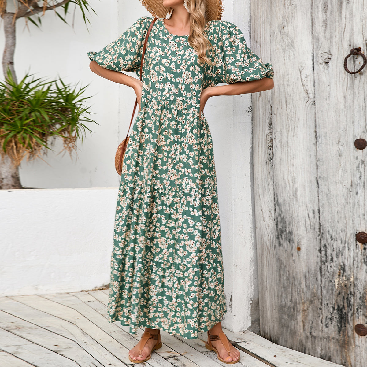 Ditsy Floral Print Crew Neck Puff Half Sleeve Tiered Maxi Dress