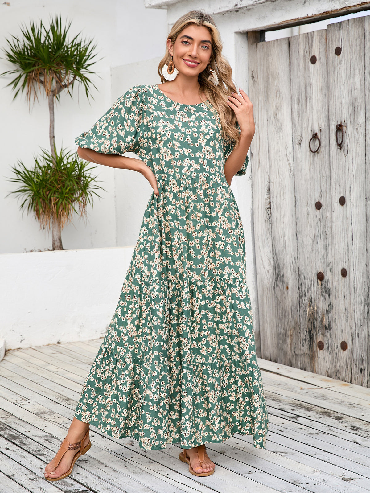 Ditsy Floral Print Crew Neck Puff Half Sleeve Tiered Maxi Dress 2