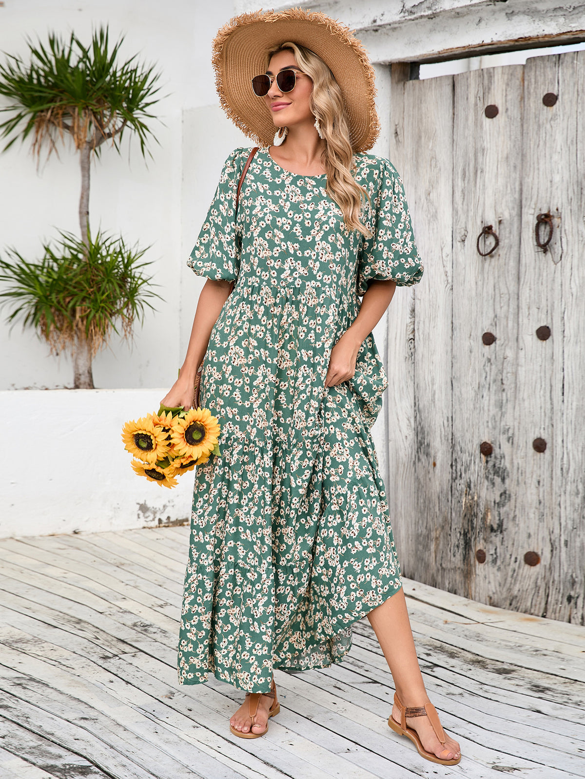 Ditsy Floral Print Crew Neck Puff Half Sleeve Tiered Maxi Dress 4