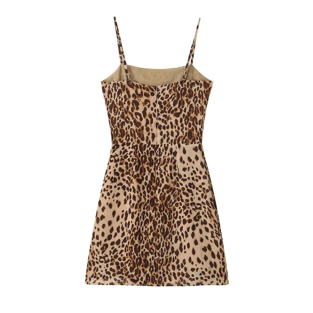 French Retro Flat Off Shoulder Sexy Leopard Print Mini Suspender A Line Short Dress