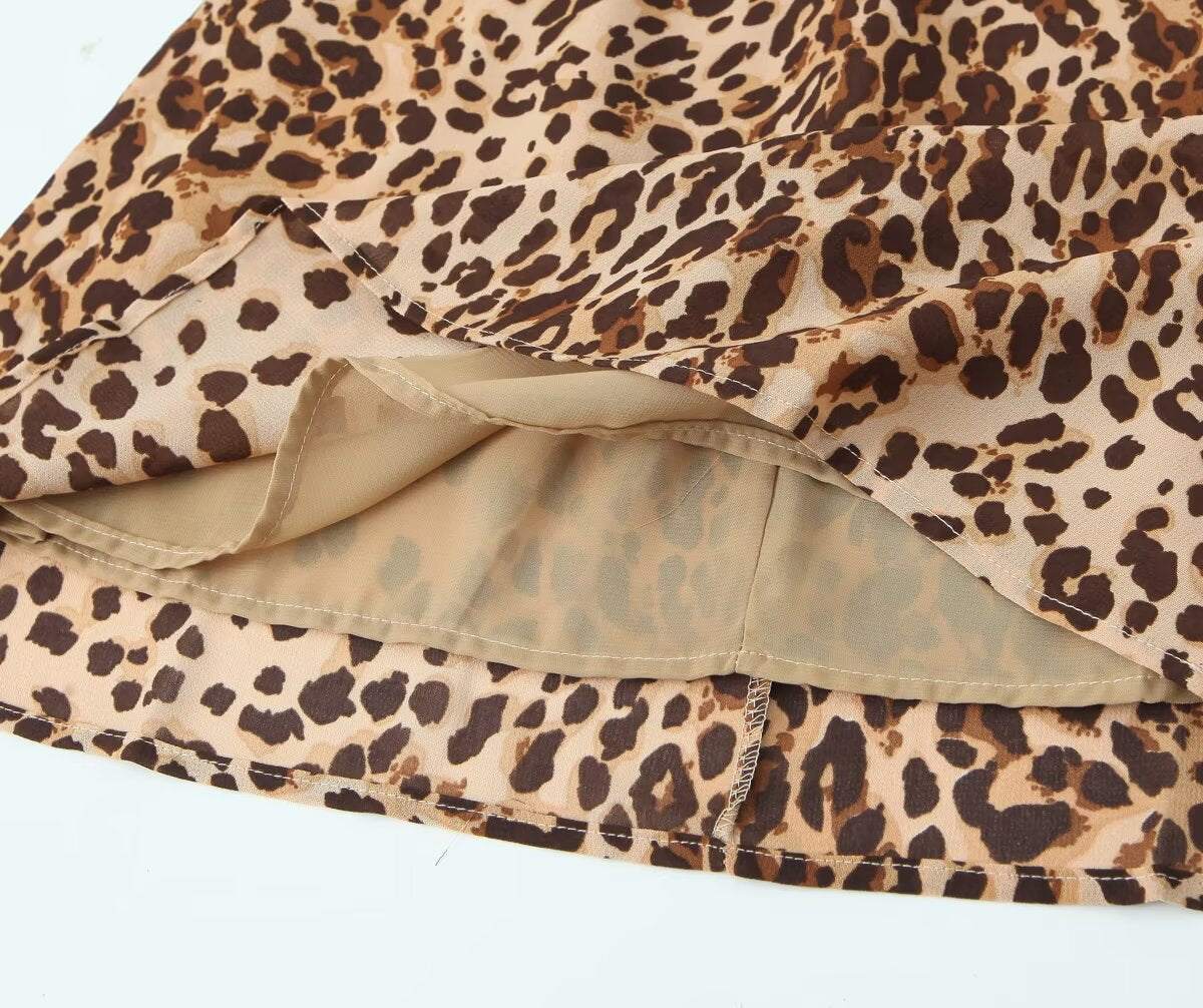 French Retro Flat Off Shoulder Sexy Leopard Print Mini Suspender A Line Short Dress
