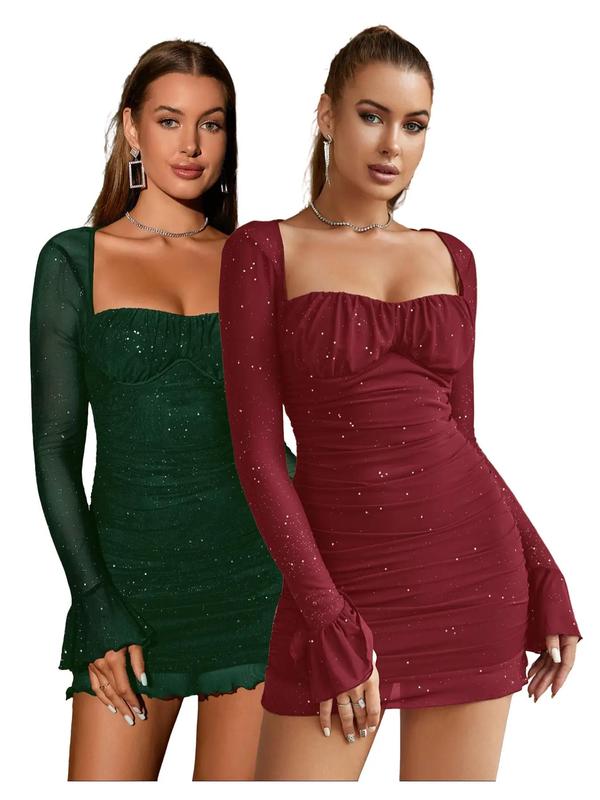 Glitter Mesh Square Neck Long Sleeve Ruched Bustier Mini Dress 7
