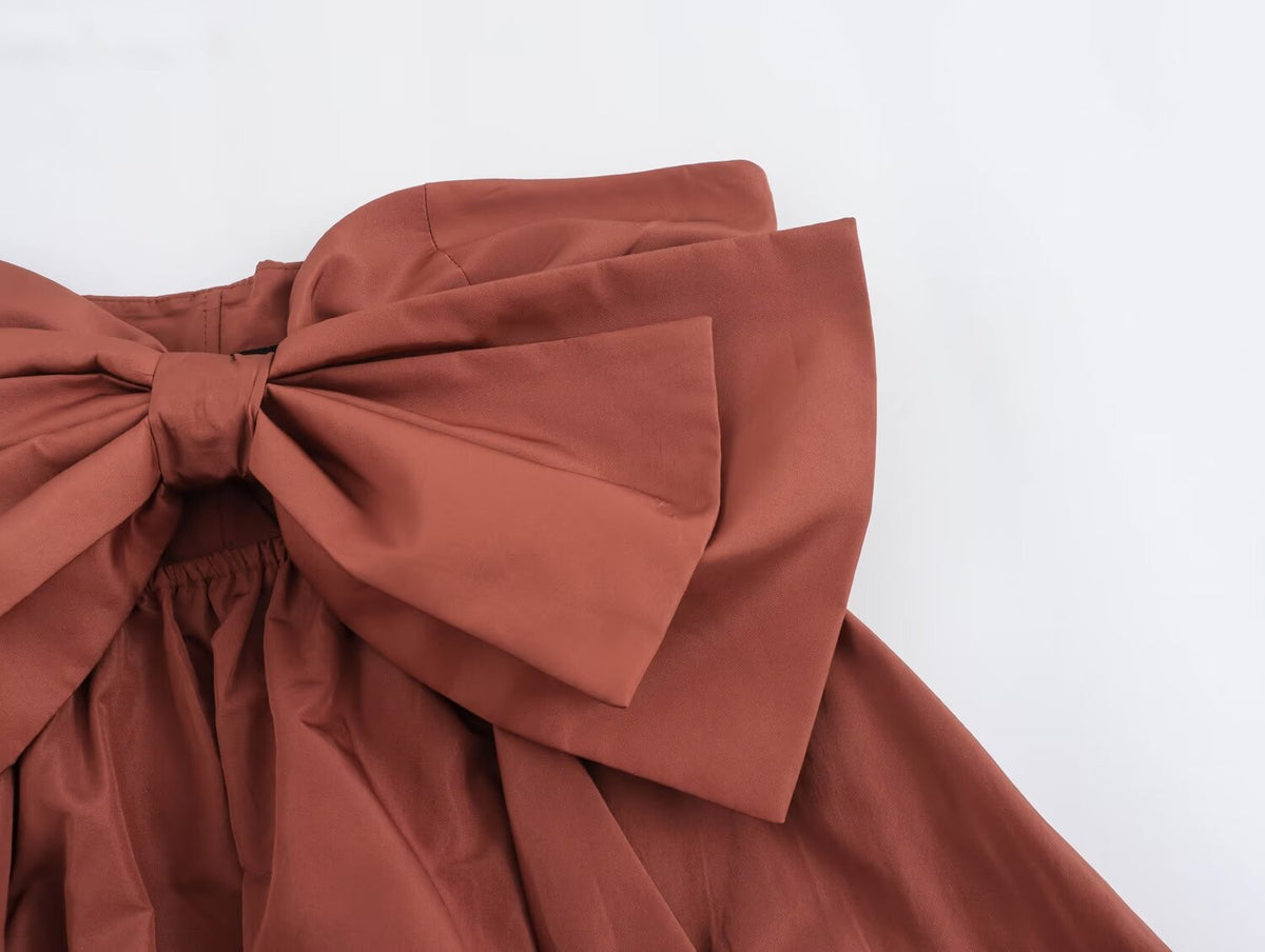 Strapless Oversized Bow Front Pleated A-Line Mini Dress 4