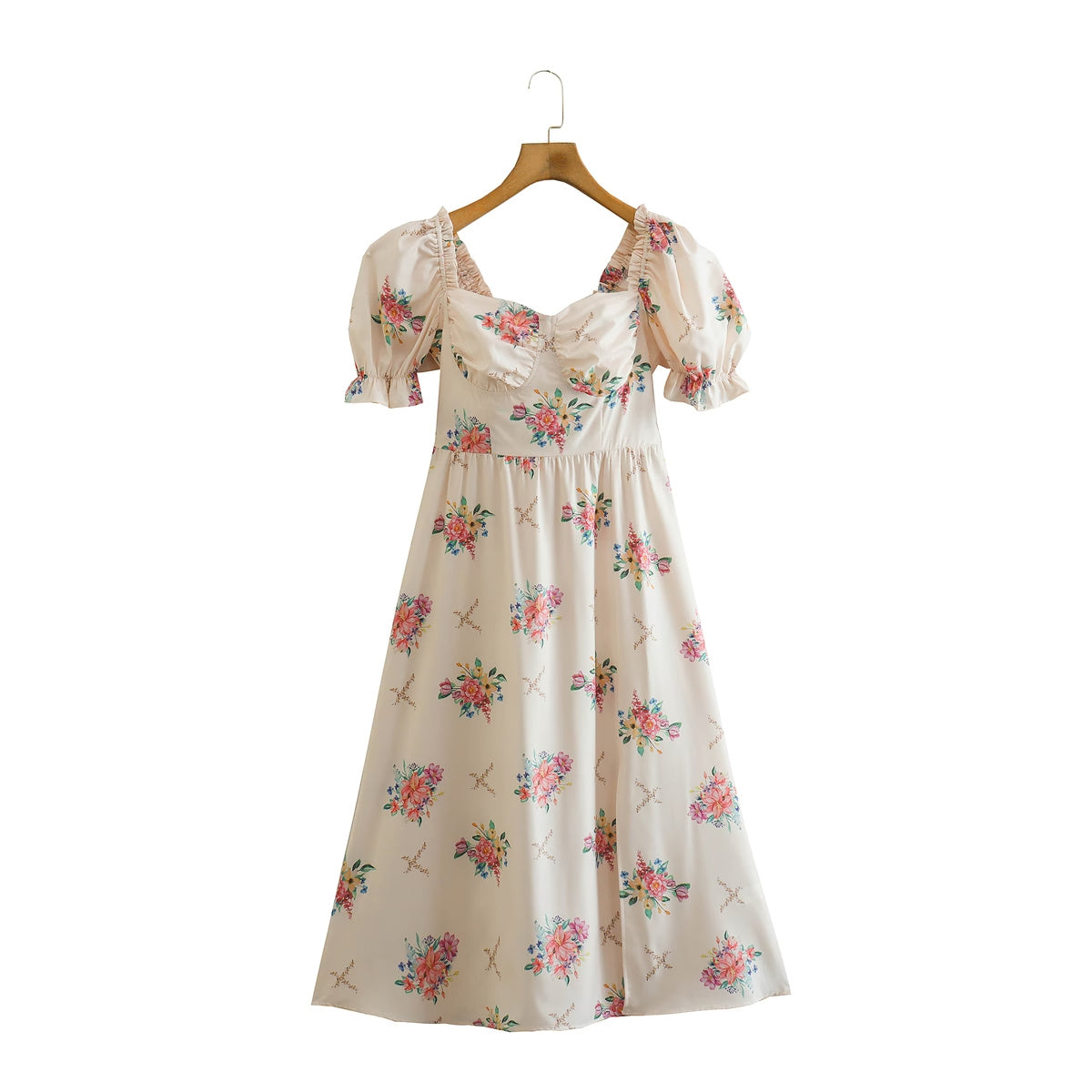Floral Print Square Neck Puff Sleeve Lace Up Back High Split Midi Dress 2