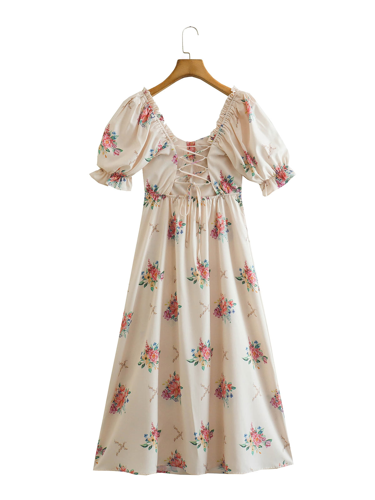 Floral Print Square Neck Puff Sleeve Lace Up Back High Split Midi Dress 3
