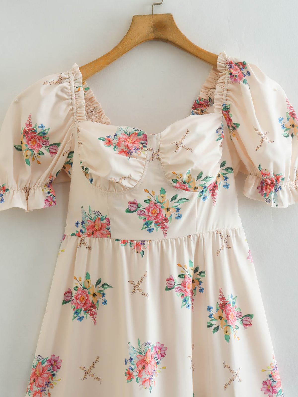 Floral Print Square Neck Puff Sleeve Lace Up Back High Split Midi Dress 4