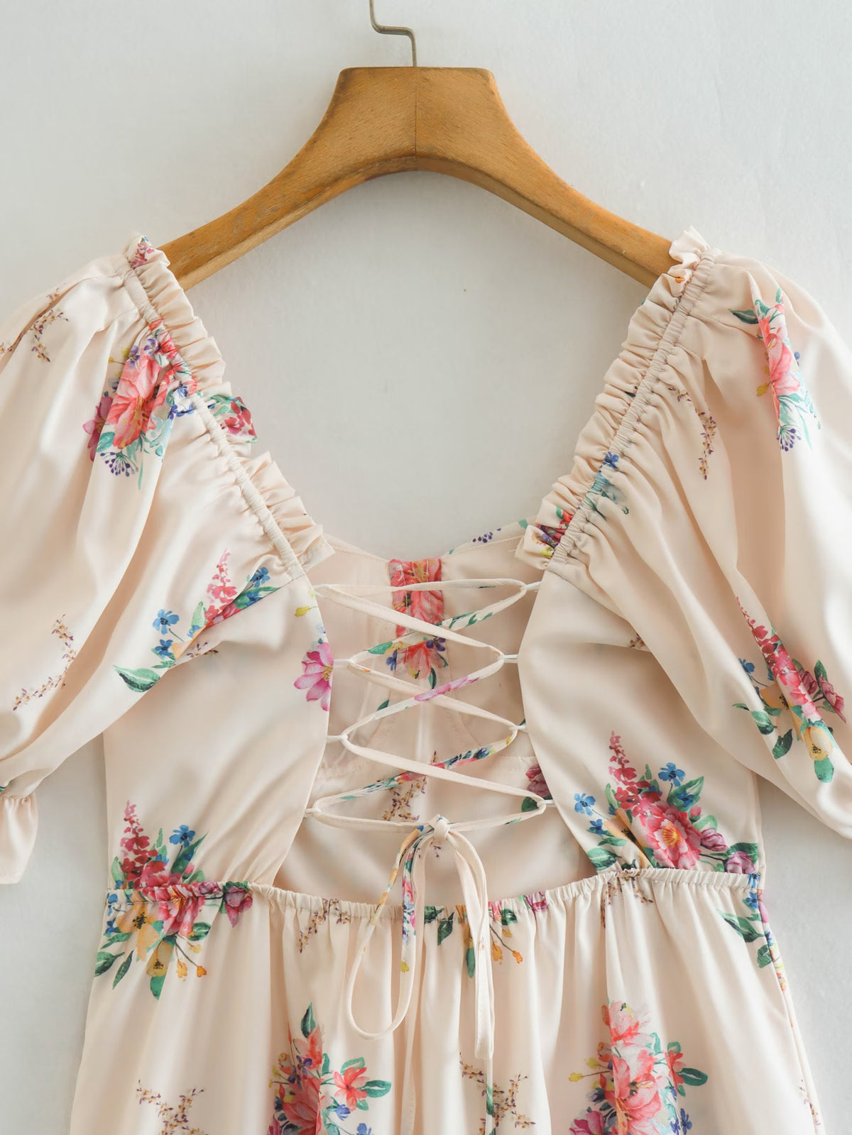 Floral Print Square Neck Puff Sleeve Lace Up Back High Split Midi Dress 12