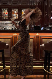 Lace Trim Leopard Halter Backless Mermaid Fit Lace Dress