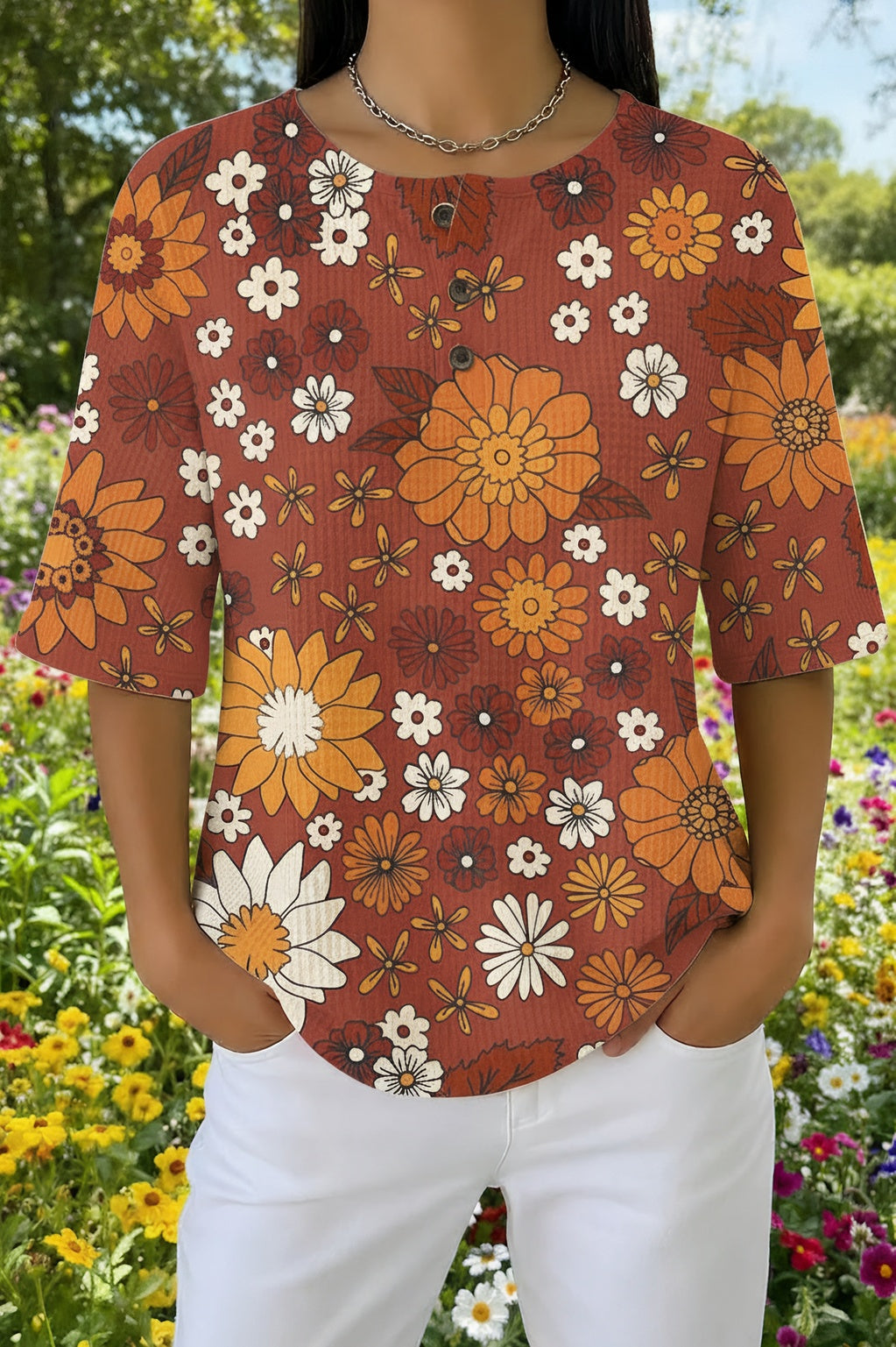 Womens Brown Floral Print Casual Shirt