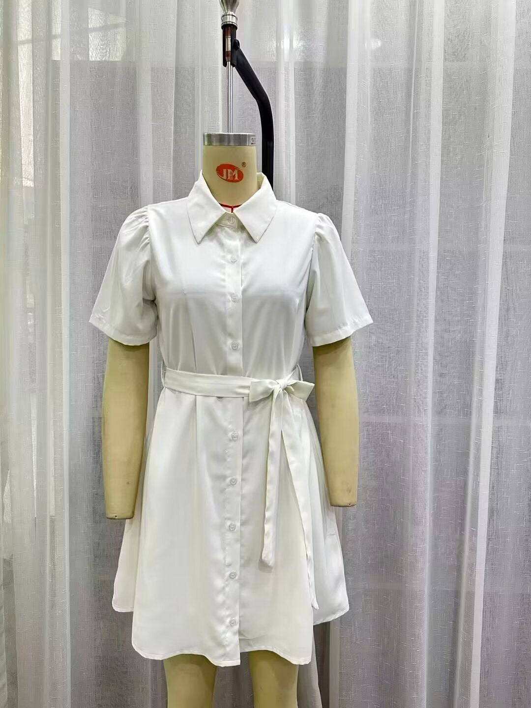 Collared Short Sleeve Belted Tie Waist Mini Shirt Dress 13