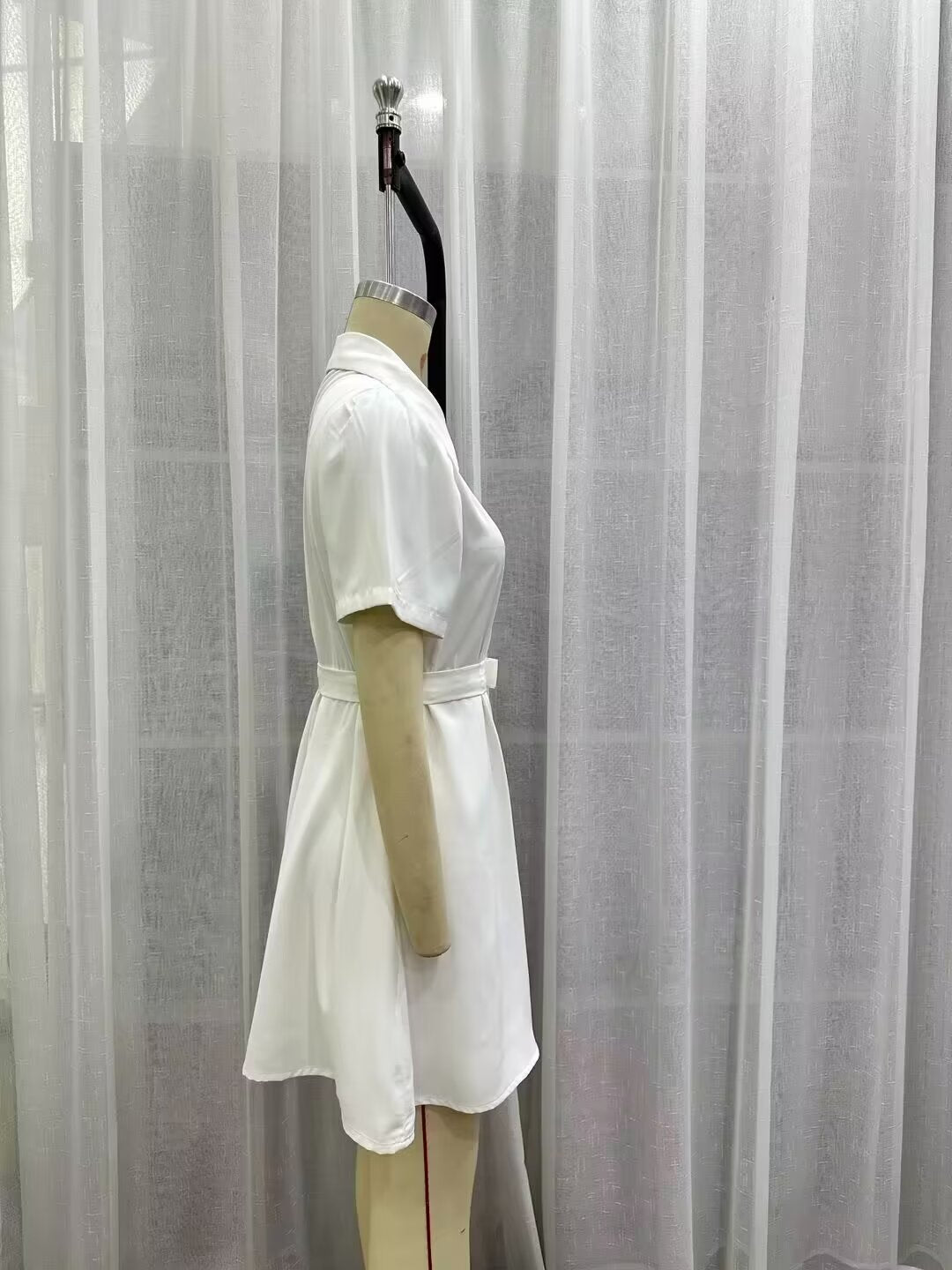 Collared Short Sleeve Belted Tie Waist Mini Shirt Dress 14