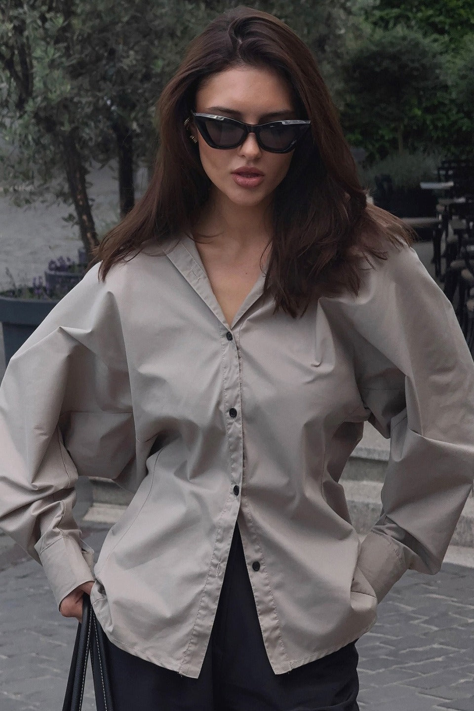Oversized Collared Batwing Sleeve Cinched Waist Button Front Shirt 3