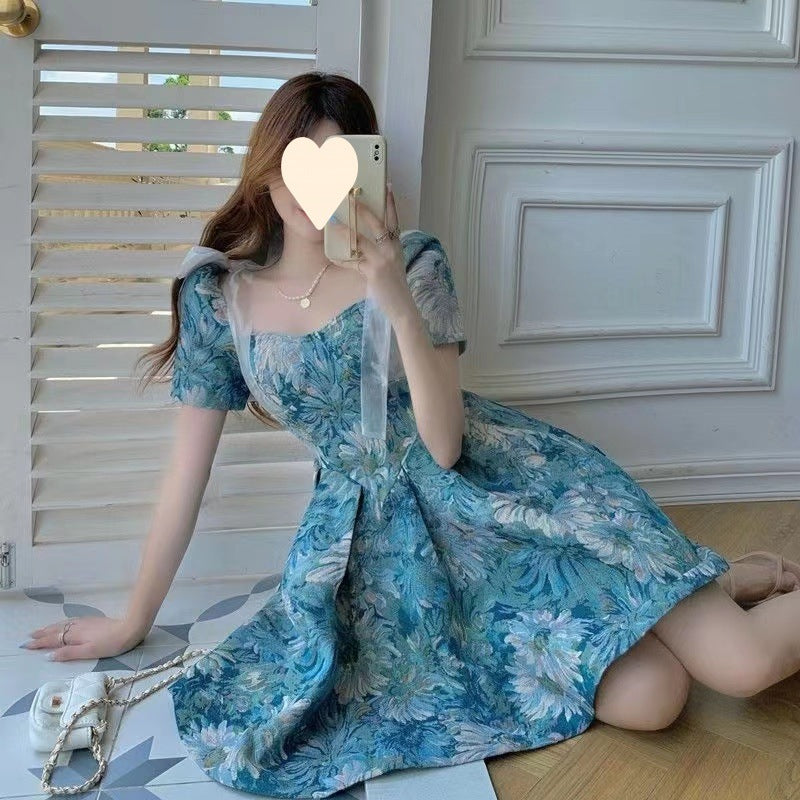 Floral Jacquard Sweetheart Neck Puff Sleeve Pleated Fit and Flare Mini Dress 2