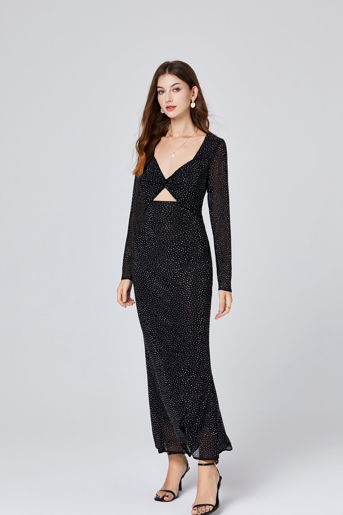 Rhinestone Mesh V-Neck Long Sleeve Twist Cut Out Mermaid Maxi Dress 3