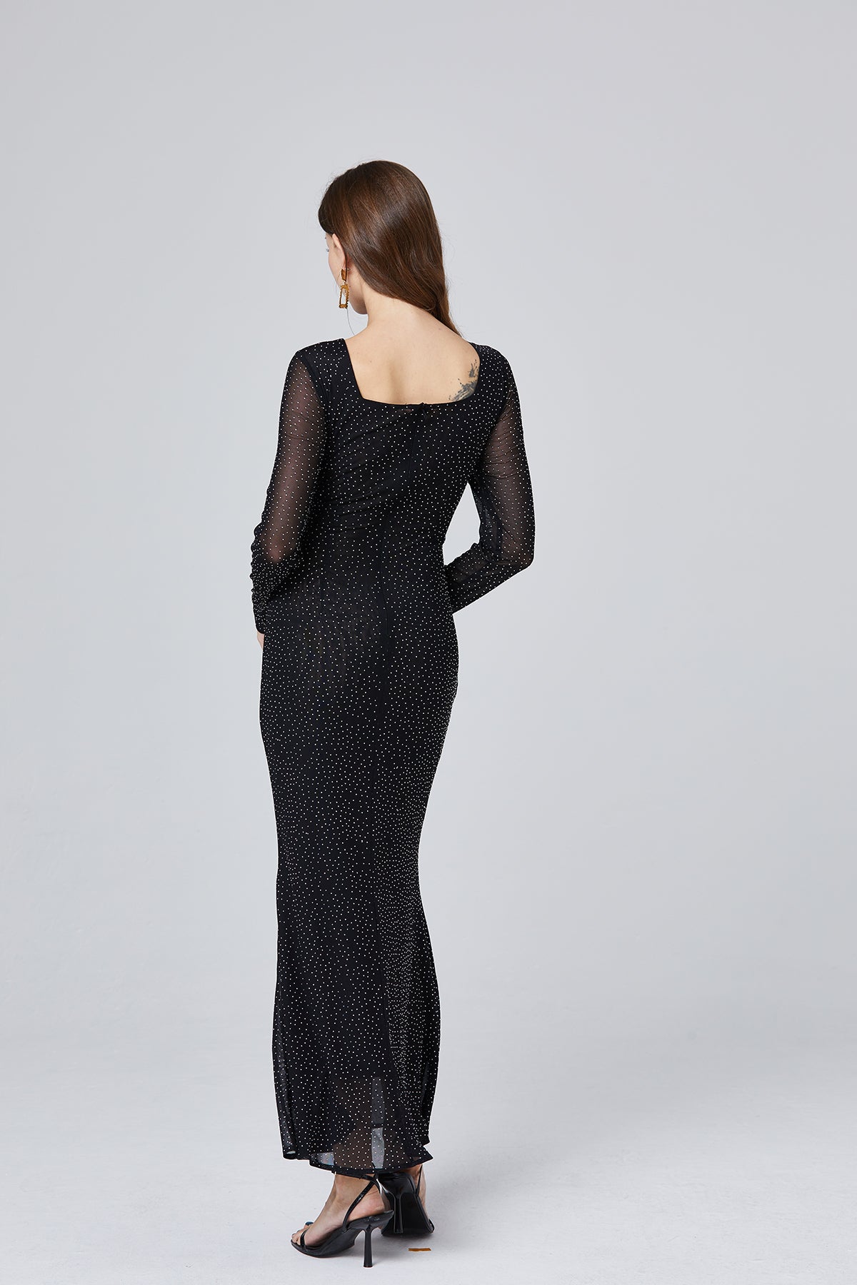 Rhinestone Mesh V-Neck Long Sleeve Twist Cut Out Mermaid Maxi Dress 4