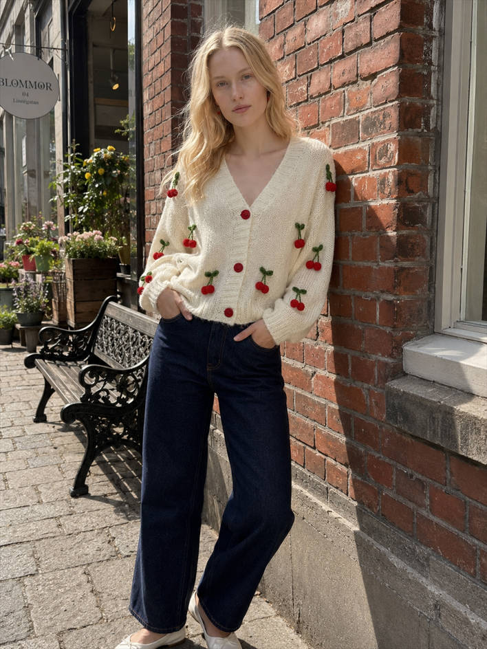 Cherry Embroidered Knit Cardigan Sweater