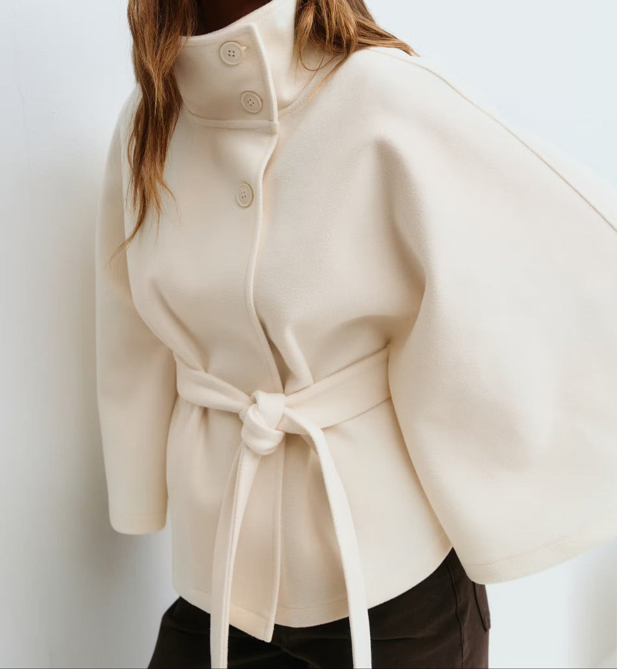 High Neck Button Front Belted Cape Jacket