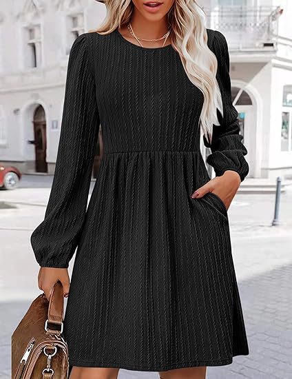 Cable Knit Crew Neck Long Sleeve Pocket A-Line Mini Dress