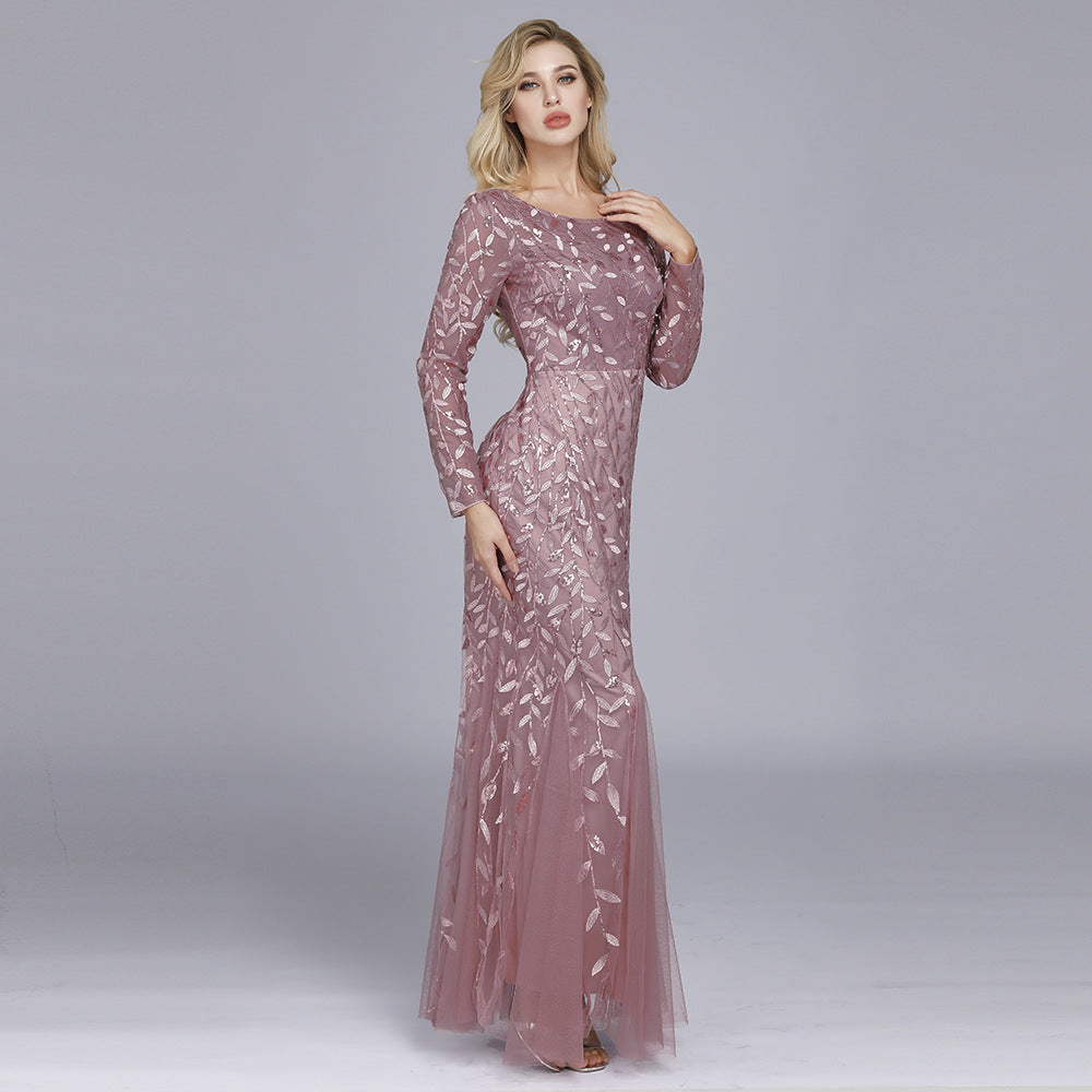 Sequin Round Neck Long Sleeve Mermaid Gown
