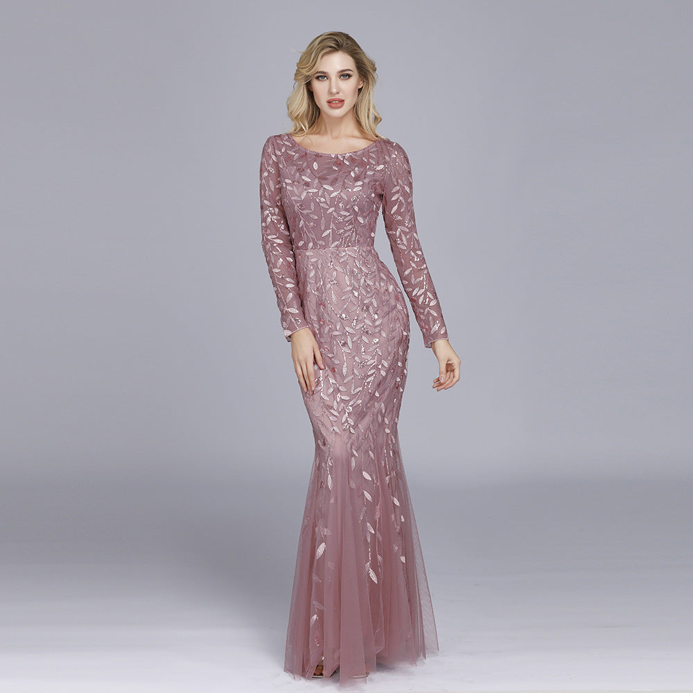 Multi - Color Long Sleeve round Neck Fishtail Banquet Evening Dress for