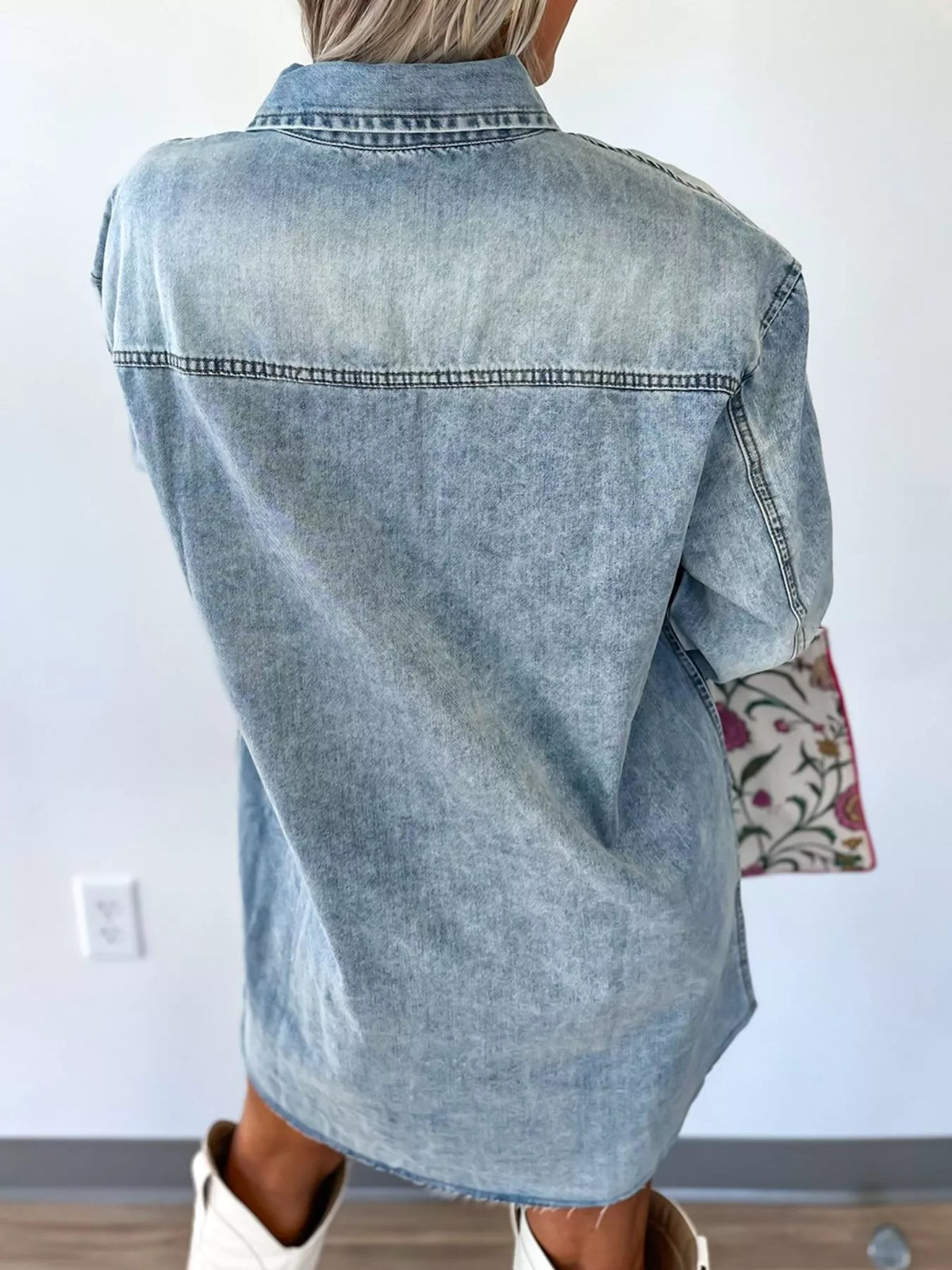 Denim-Look Snap Button Chest Pocket Raw Hem Oversized Shirt Dress 2