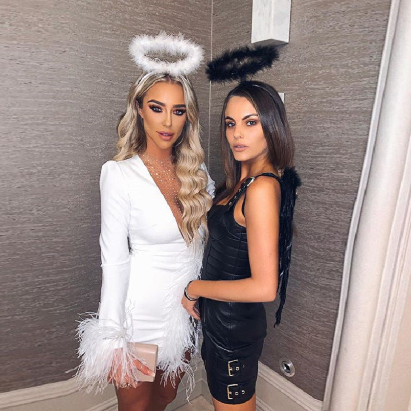 Deep V-Neck Long Sleeve Feather Trim Rhinestone Mesh Bodycon Mini Dress 4