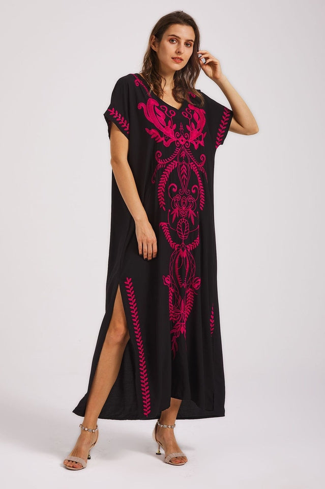 Embroidered V-Neck Short Sleeve Kaftan Maxi Dress 26