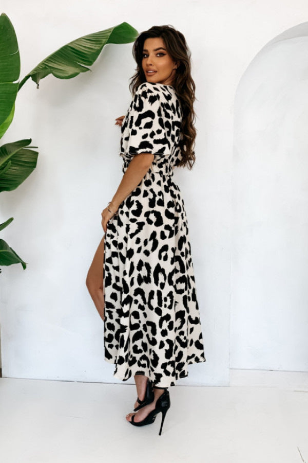 Leopard Print V-Neck Puff Sleeve Belted High Split Maxi Dress 3
